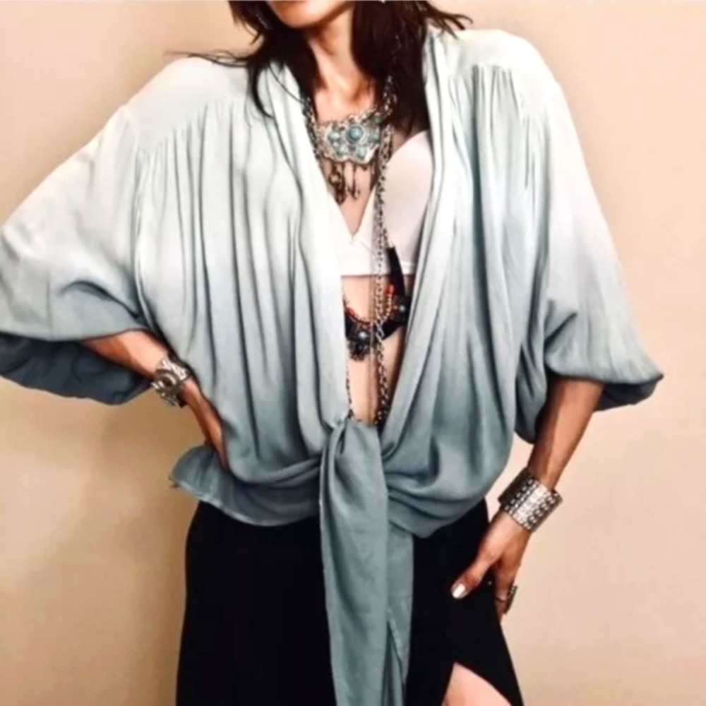 Young Fabulous & Broke  Tie Dye Carmen Blouse Tie Front Gradient Gree  Sz M